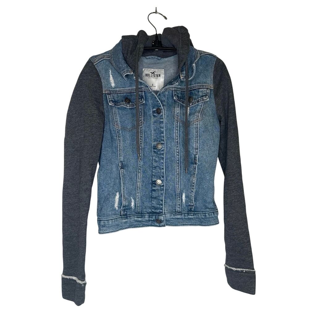 Hollister Button Front Hooded Denim Jacket Distressed Sz Sm Casual Gray Blue